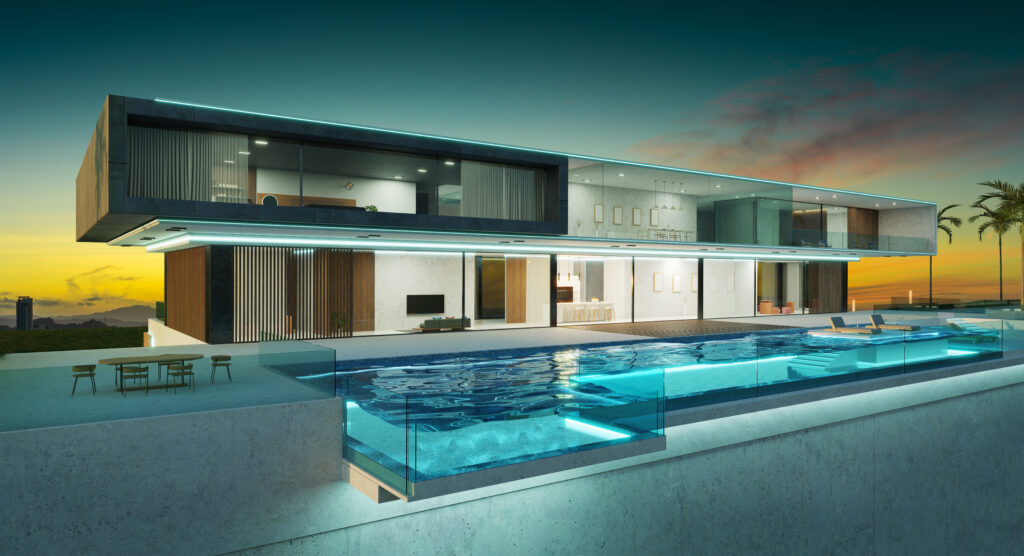 Casa luxuosa com fachada e piscina infinita de vidro.